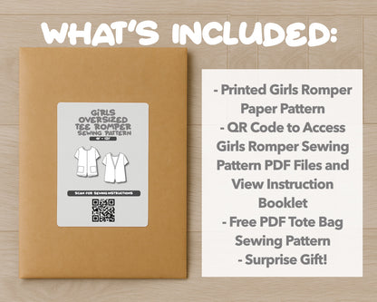What is included with the printed Girls Oversized Tee Romper paper sewing pattern