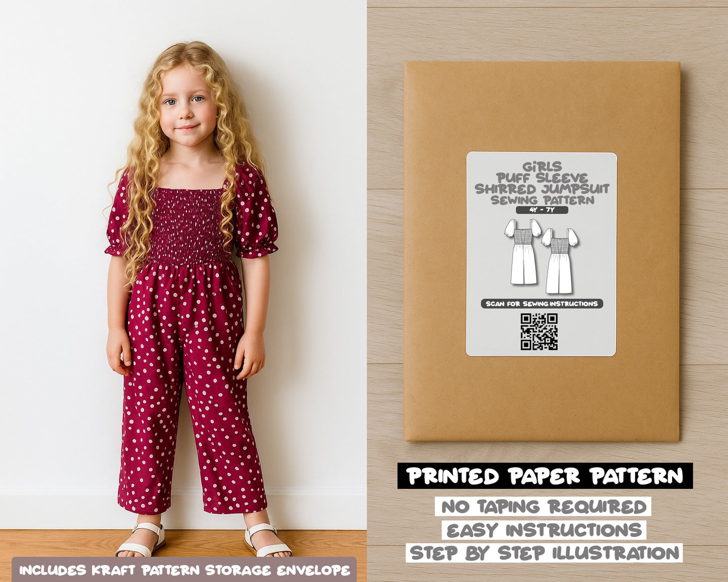 Girls Puff Sleeve Shirred Jumpsuit Sewing Pattern