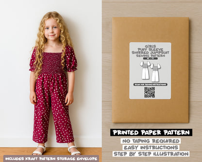 Girls Puff Sleeve Shirred Jumpsuit Sewing Pattern