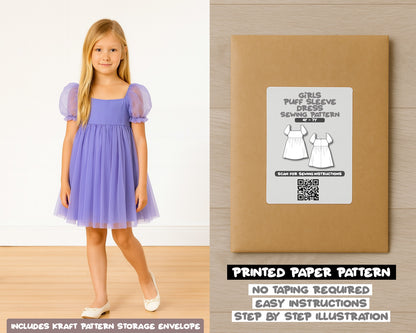 Girls Puff Sleeve Square Neck Dress Sewing Pattern