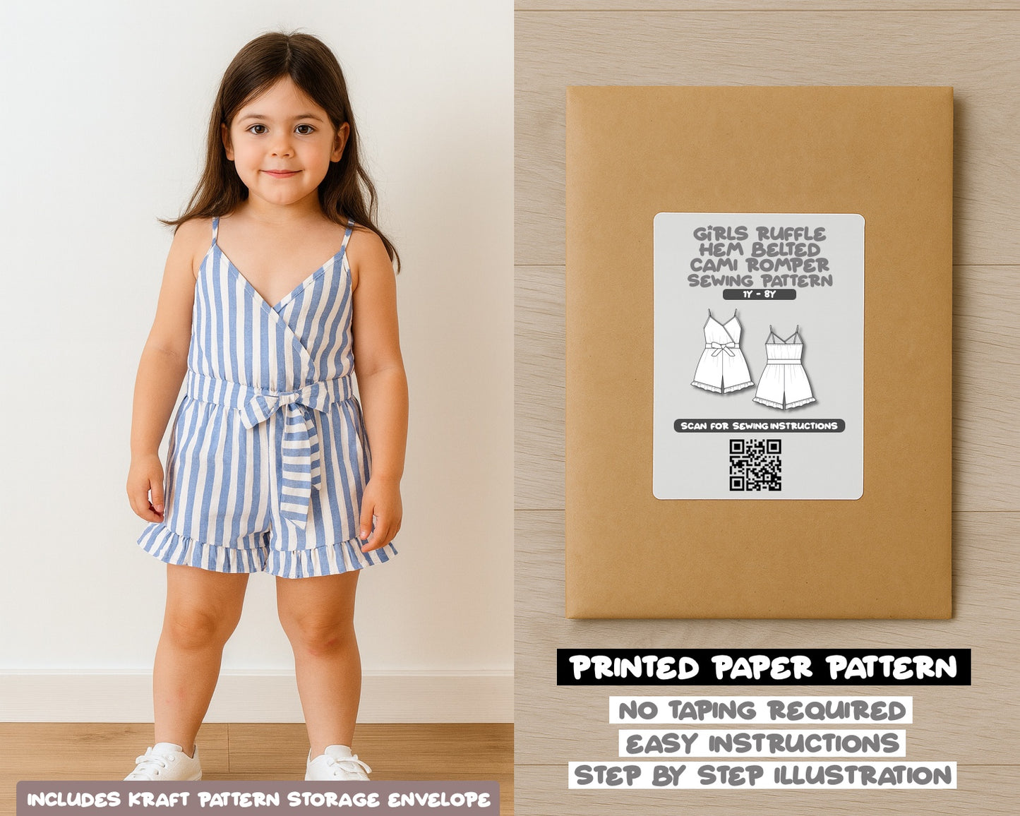 Girls Ruffle Hem Belted Cami Romper Sewing Pattern