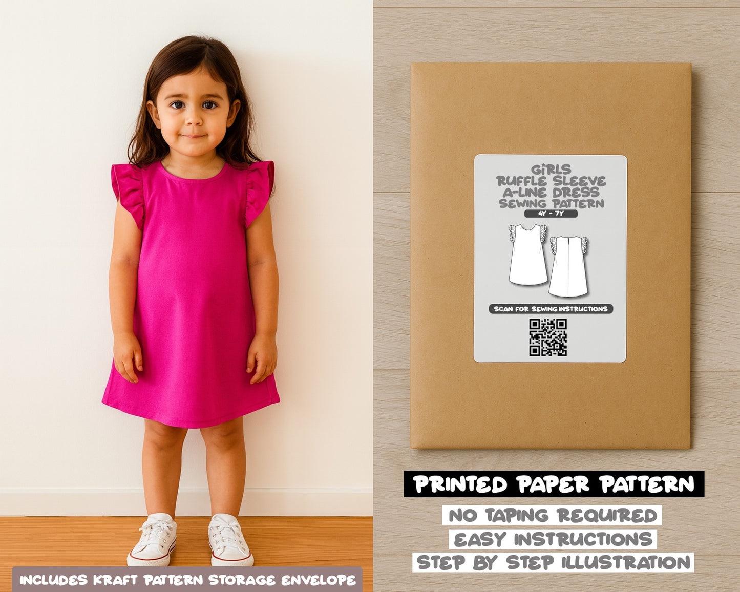 Girls Ruffle Sleeve A-Line Dress Sewing Pattern