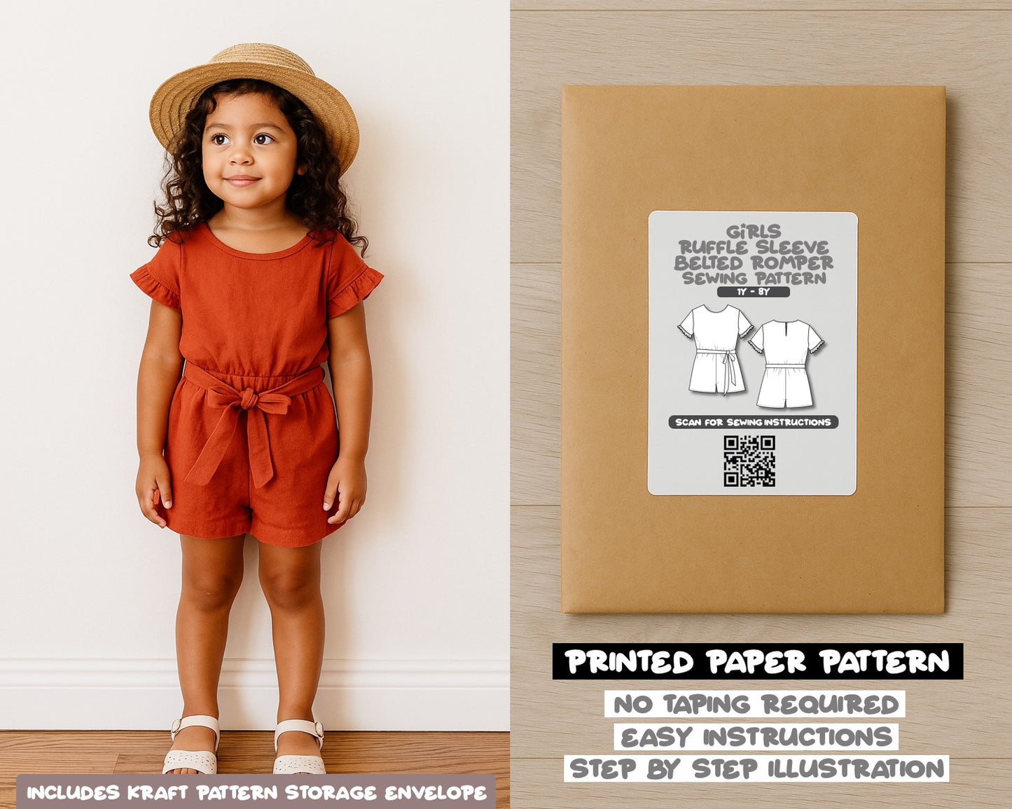 Girls Ruffle Sleeve Belted Romper Sewing Pattern