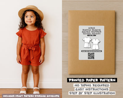 Girls Ruffle Sleeve Belted Romper Sewing Pattern