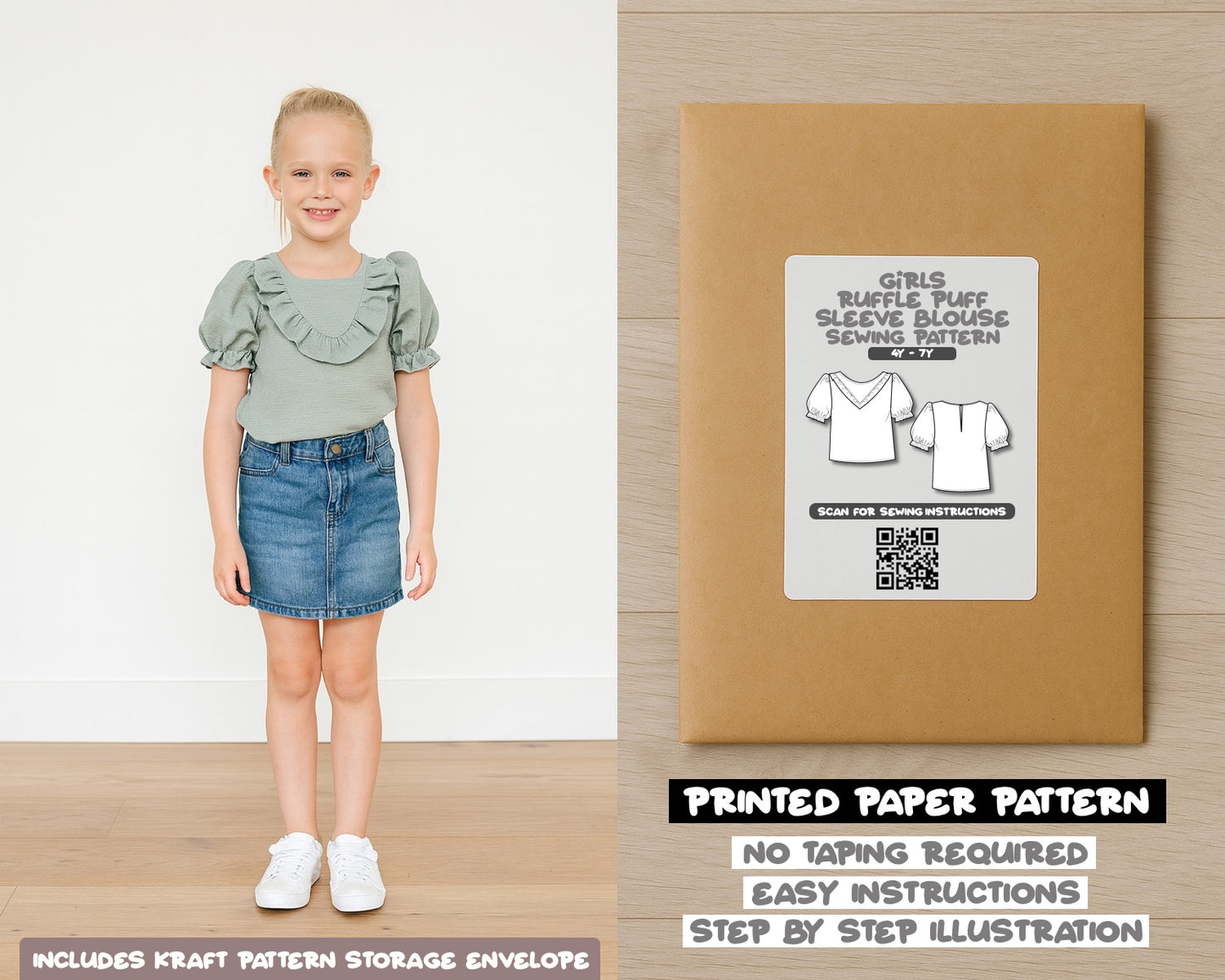 Girls Ruffle Trim Puff Sleeve Blouse Sewing Pattern
