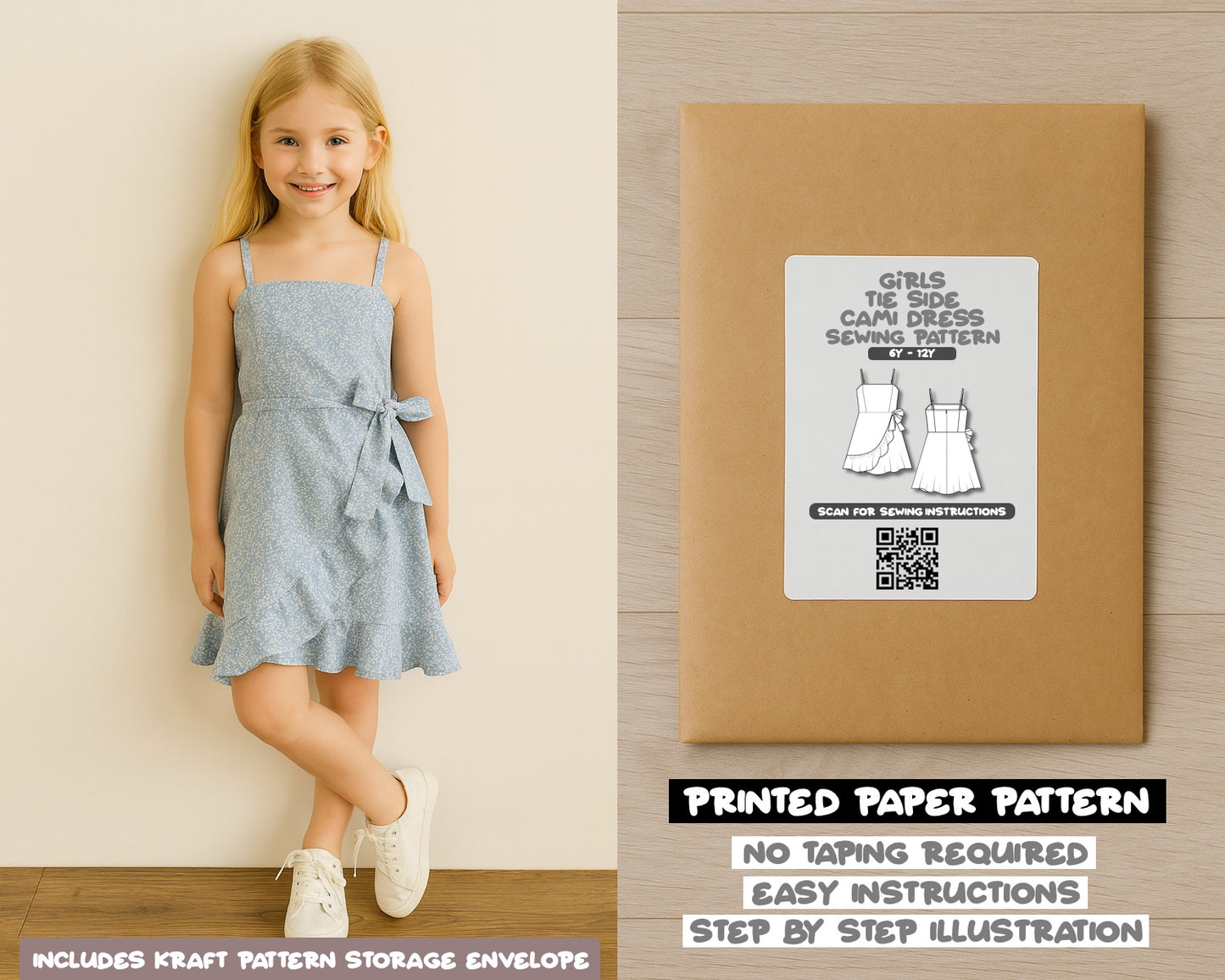 Girls Ruffle Trim Tie Side Cami Dress Sewing Pattern