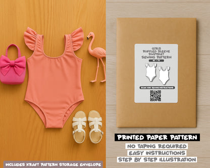 Girls Ruffled Sleeve One Piece Swimsuit Sewing Pattern