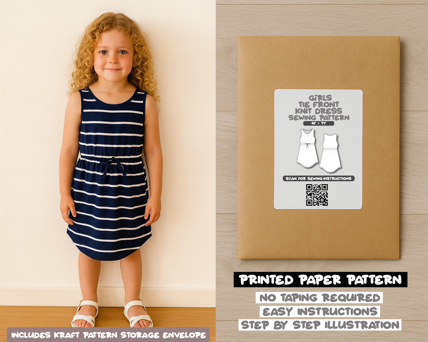 Girls Tie Front Curved Hem Knit Dress Sewing Pattern