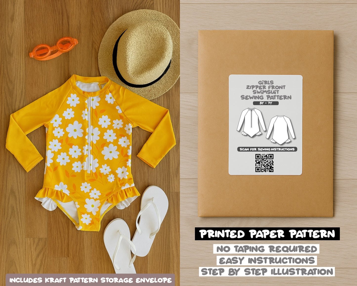 Girls Zipper Front Peplum Swimsuit Sewing Pattern