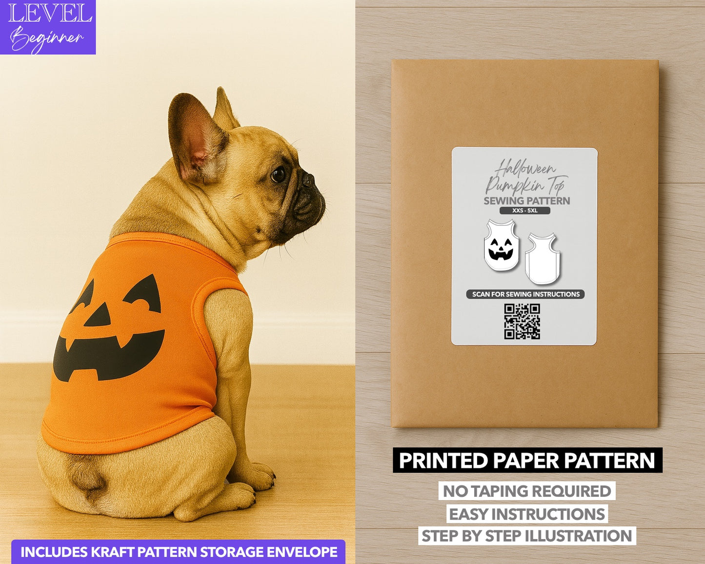 Halloween Dog Pumpkin Top printed sewing pattern with easy instructions and step by step illustrations.