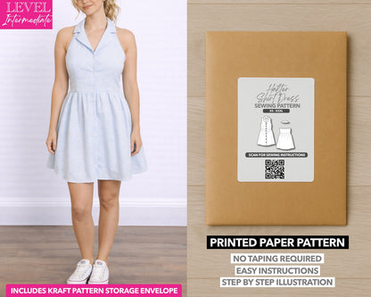 Halter Backless Shirt Dress printed sewing pattern with easy instructions and step by step illustrations.