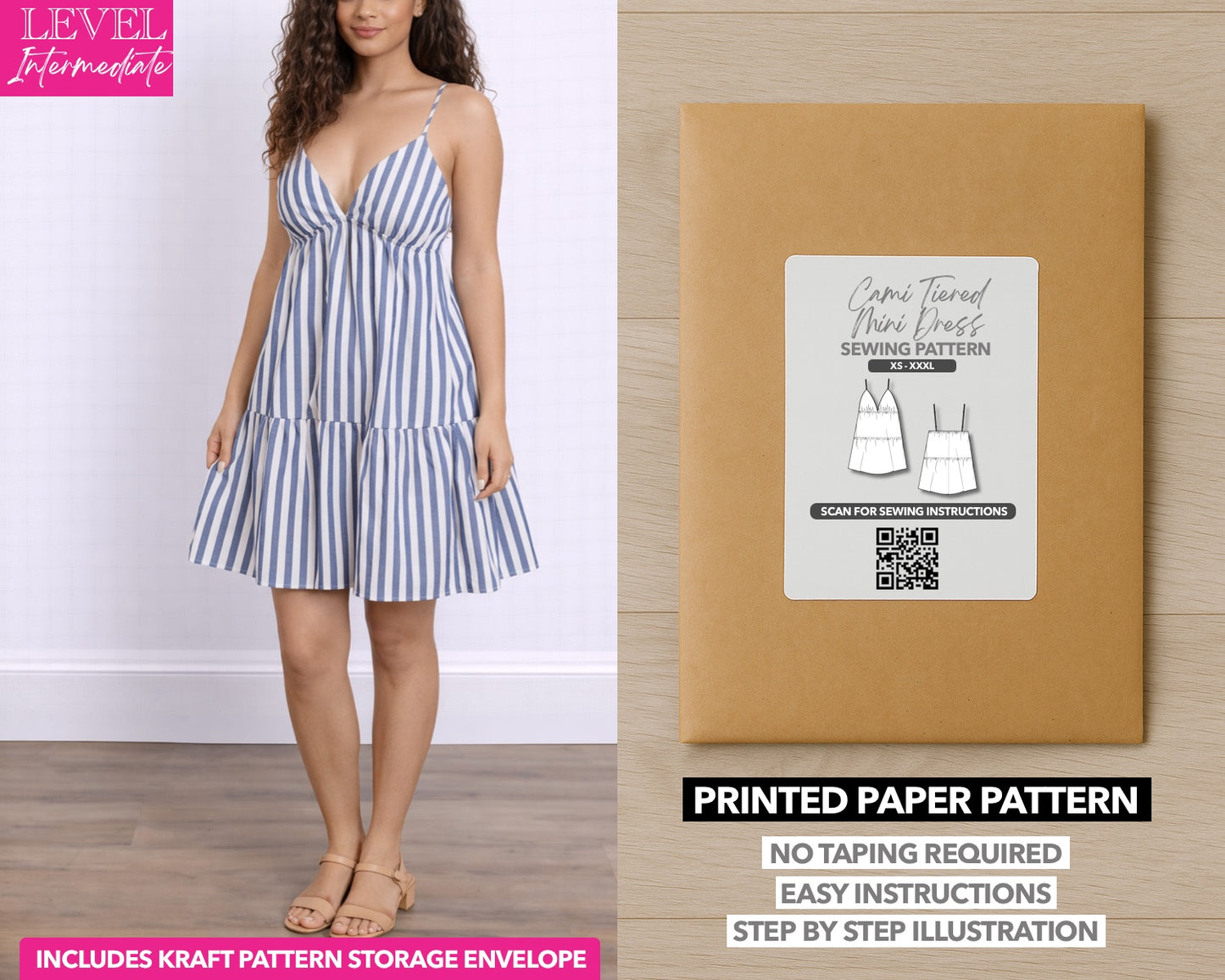 Halter Cami Tiered Mini Dress printed sewing pattern with easy instructions and step by step illustrations.