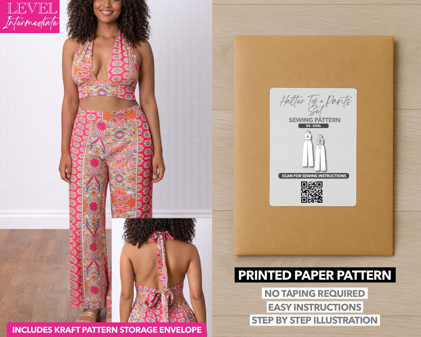 Halter Crop Top and Wide Leg Pants Set printed sewing pattern with easy instructions and step by step illustrations.