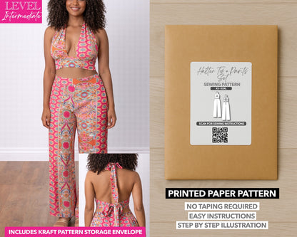 Halter Crop Top and Wide Leg Pants Set printed sewing pattern with easy instructions and step by step illustrations.