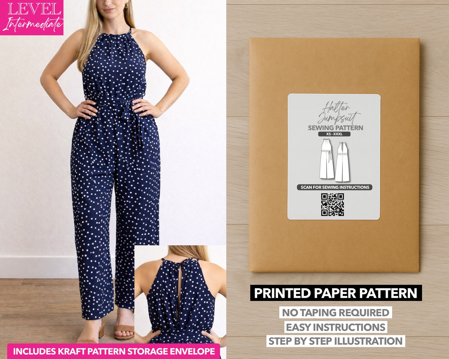 Halter Belted Jumpsuit printed sewing pattern with easy instructions and step by step illustrations.