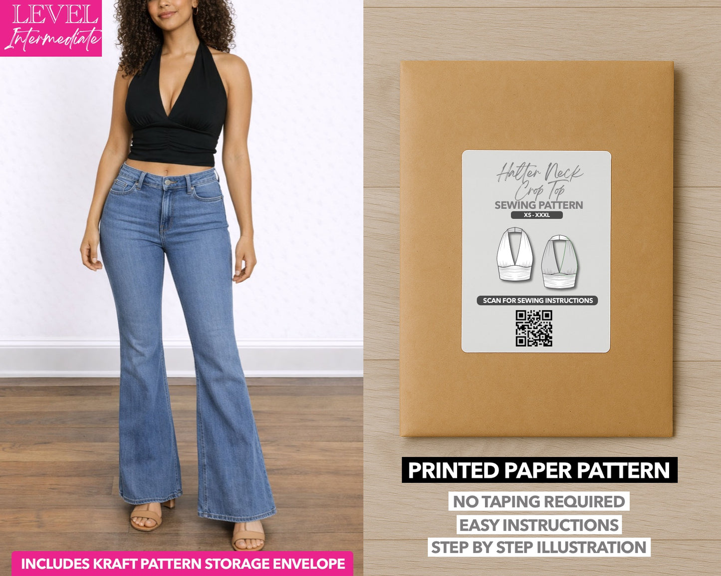 Halter Neck Backless Knit Crop Top printed sewing pattern with easy instructions and step by step illustrations.