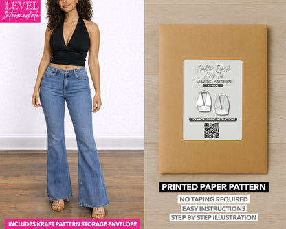 Halter Neck Backless Knit Crop Top printed sewing pattern with easy instructions and step by step illustrations.