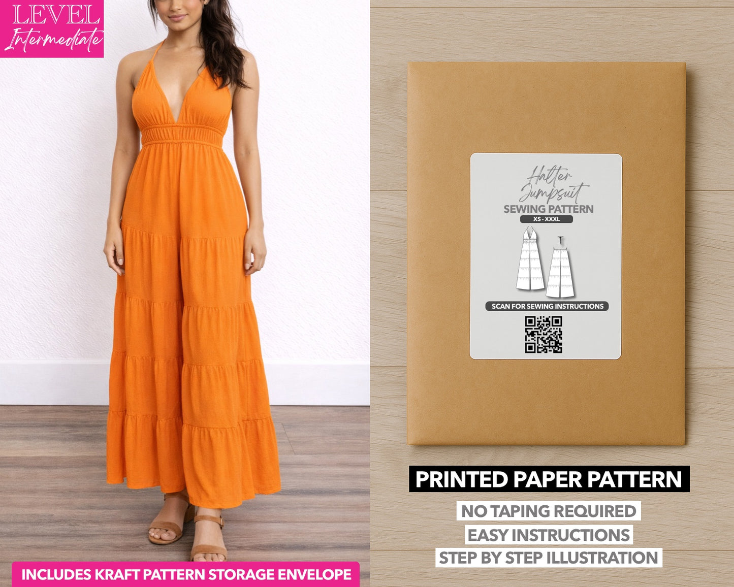 Halter Tiered Open Back Jumpsuit printed sewing pattern with easy instructions and step by step illustrations.