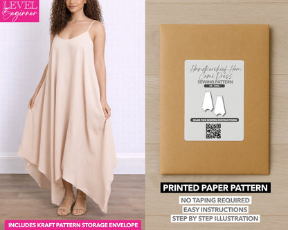 Handkerchief Hem Cami Dress printed sewing pattern with easy instructions and step by step illustrations.