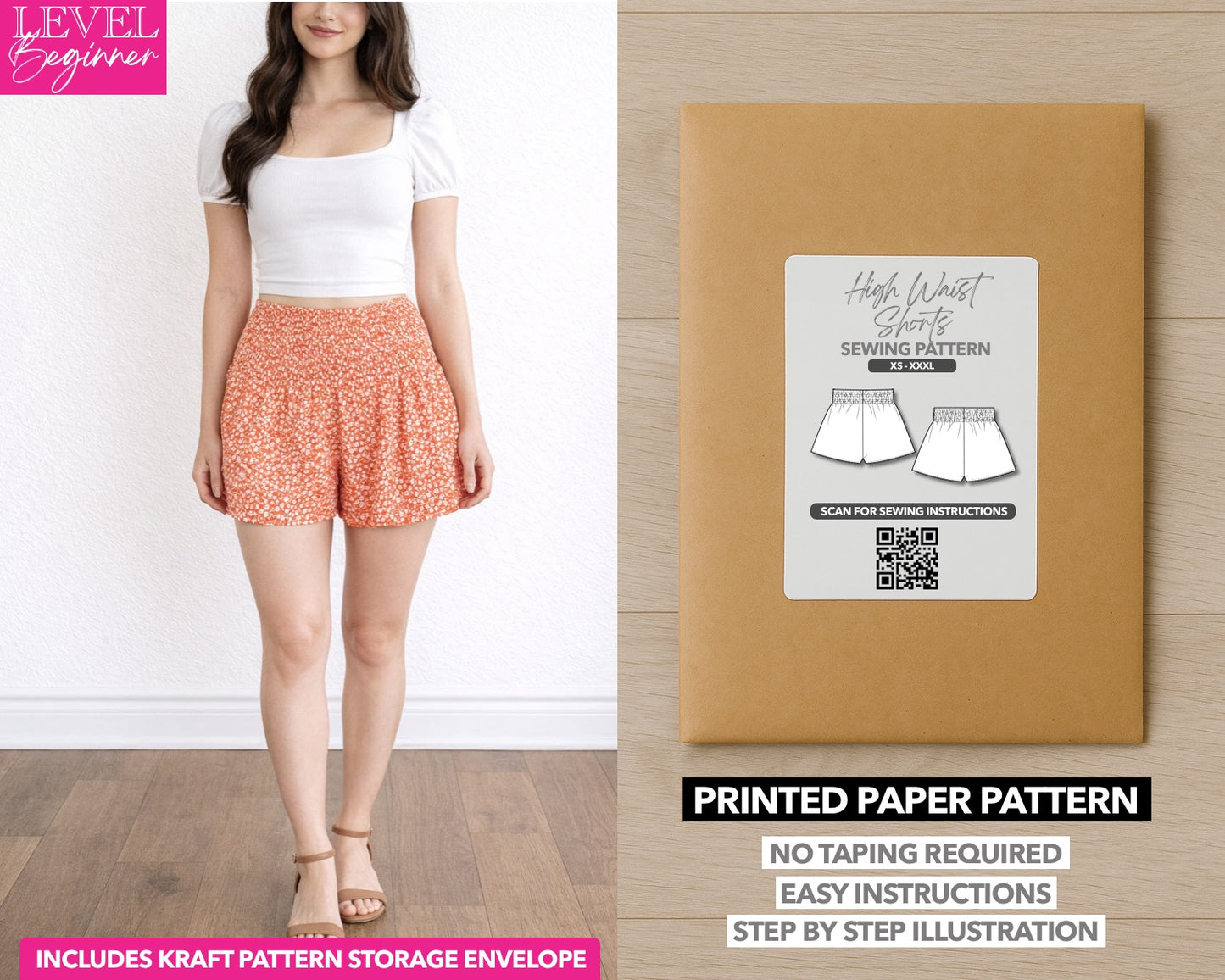High Waist Shorts printed sewing pattern with easy instructions and step by step illustrations.