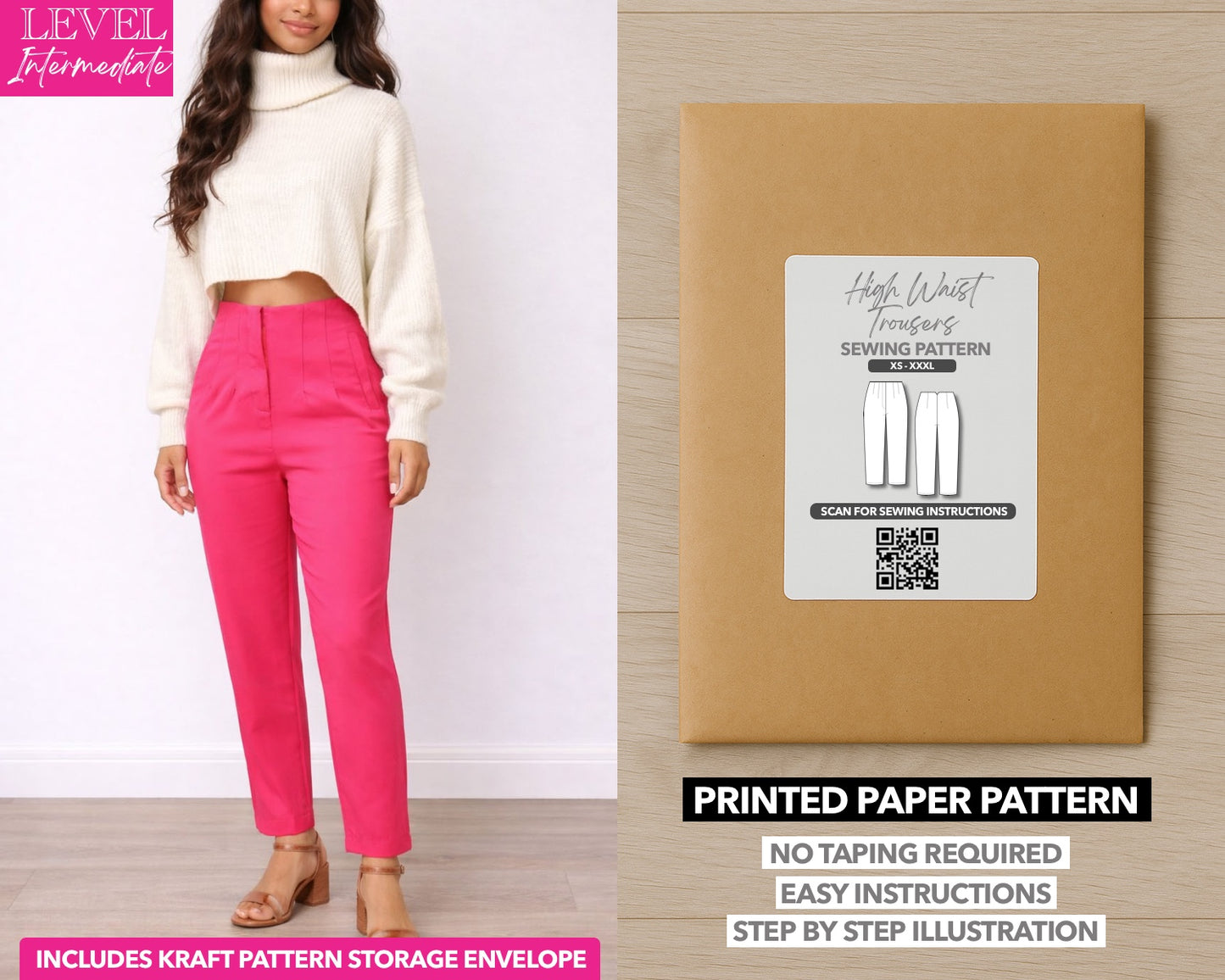 High Waist Straight Leg Pants printed sewing pattern with easy instructions and step by step illustrations.