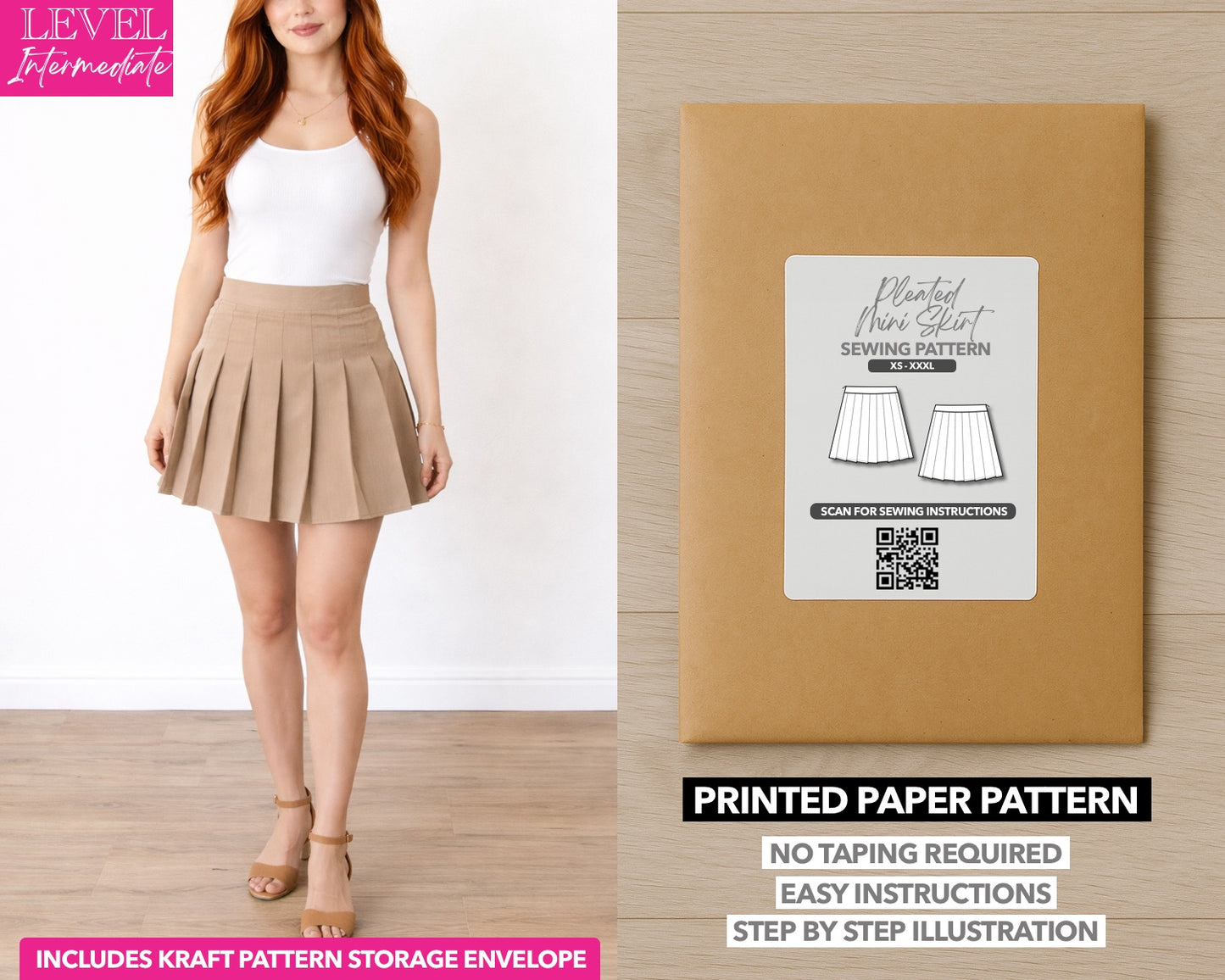 High Waist Pleated Mini Skirt printed sewing pattern with easy instructions and step by step illustrations.
