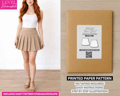 High Waist Pleated Mini Skirt printed sewing pattern with easy instructions and step by step illustrations.