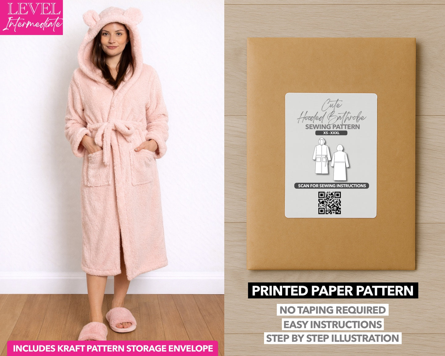 Hooded Bathrobe printed sewing pattern with easy instructions and step by step illustrations.