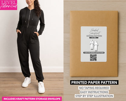 Hooded Jumpsuit printed sewing pattern with easy instructions and step by step illustrations.