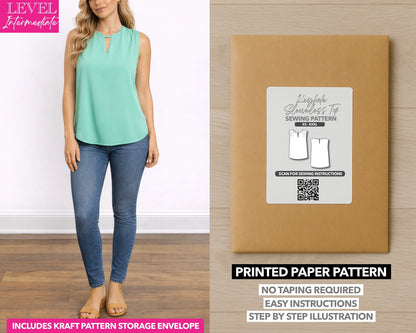 Keyhole Neckline Sleeveless Top printed sewing pattern with easy instructions and step by step illustrations.