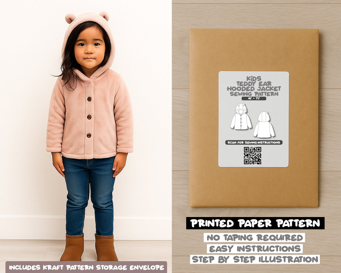 Kids Teddy Ear Hooded Jacket Sewing Pattern