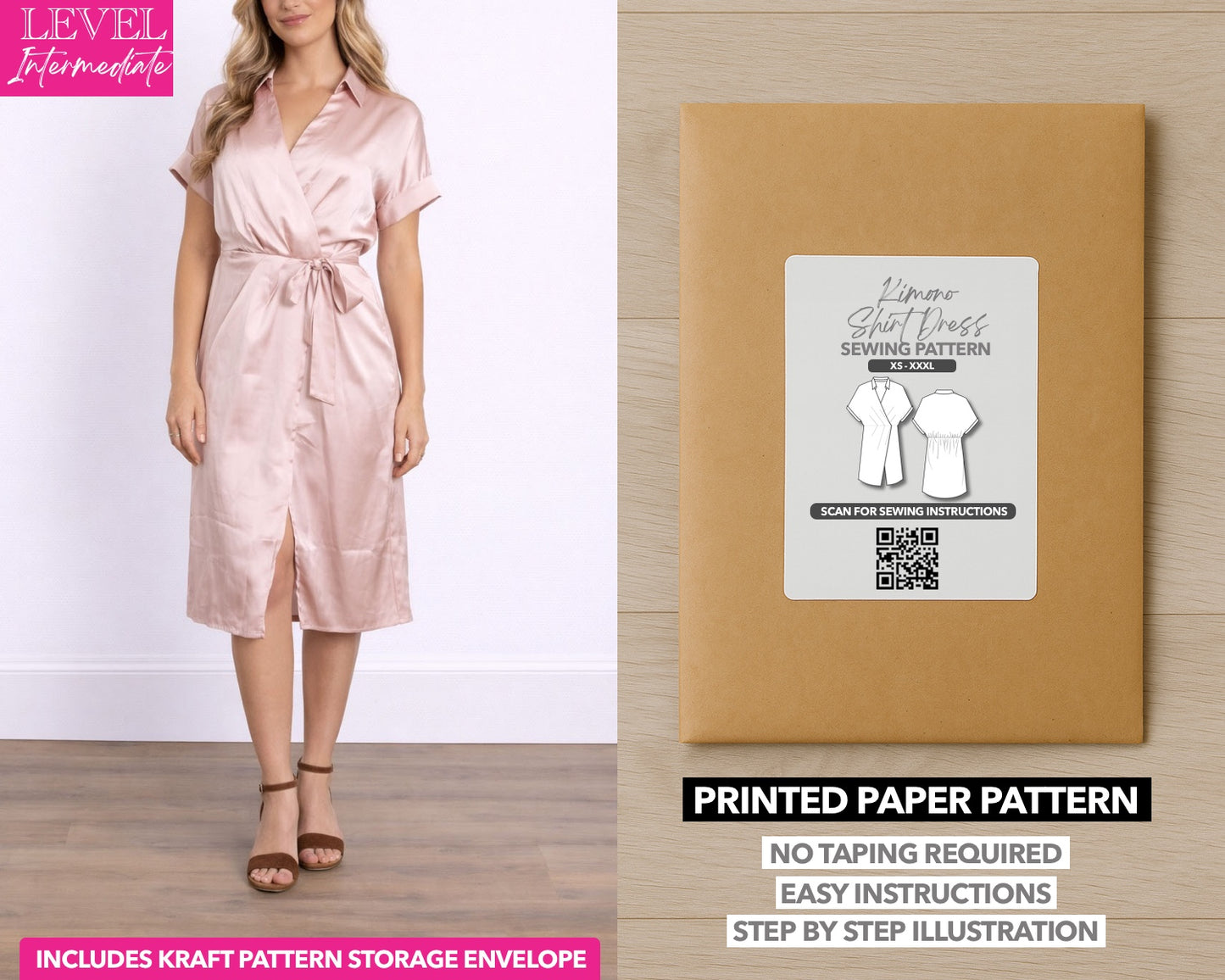 Kimono Shirt Wrap Dress printed sewing pattern with easy instructions and step by step illustrations.