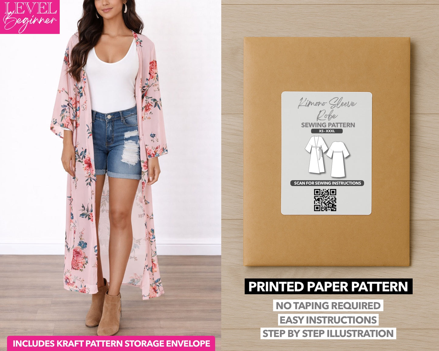 Kimono Sleeve Robe printed sewing pattern with easy instructions and step by step illustrations.