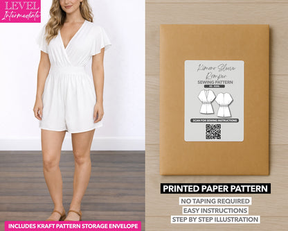 Kimono Sleeve Surplice Romper printed sewing pattern with easy instructions and step by step illustrations.