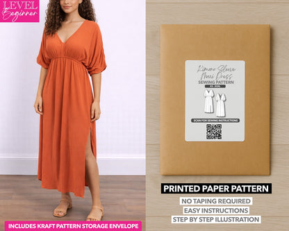 Kimono Sleeve Tie Back Maxi Dress printed sewing pattern with easy instructions and step by step illustrations.
