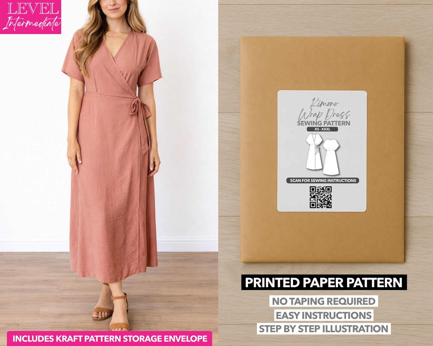 Kimono Sleeve Wrap Maxi Dress printed sewing pattern with easy instructions and step by step illustrations.