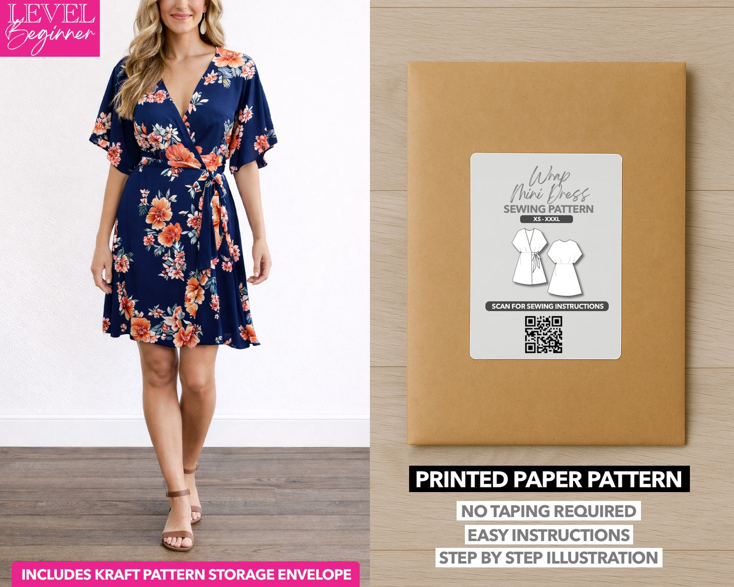 Kimono Sleeve Wrap Mini Dress printed sewing pattern with easy instructions and step by step illustrations.