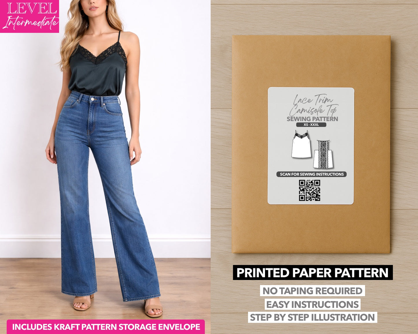 Lace Trim Camisole Top printed sewing pattern with easy instructions and step by step illustrations.
