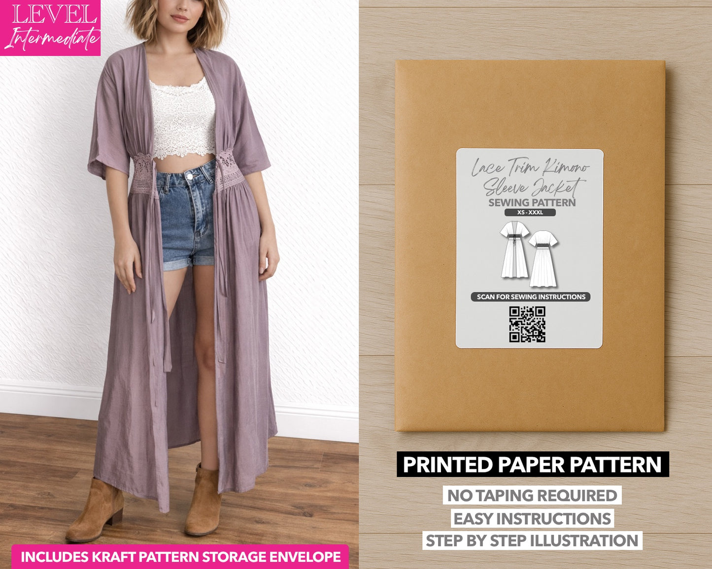 Lace Trim Kimono Sleeve Long Jacket printed sewing pattern with easy instructions and step by step illustrations.