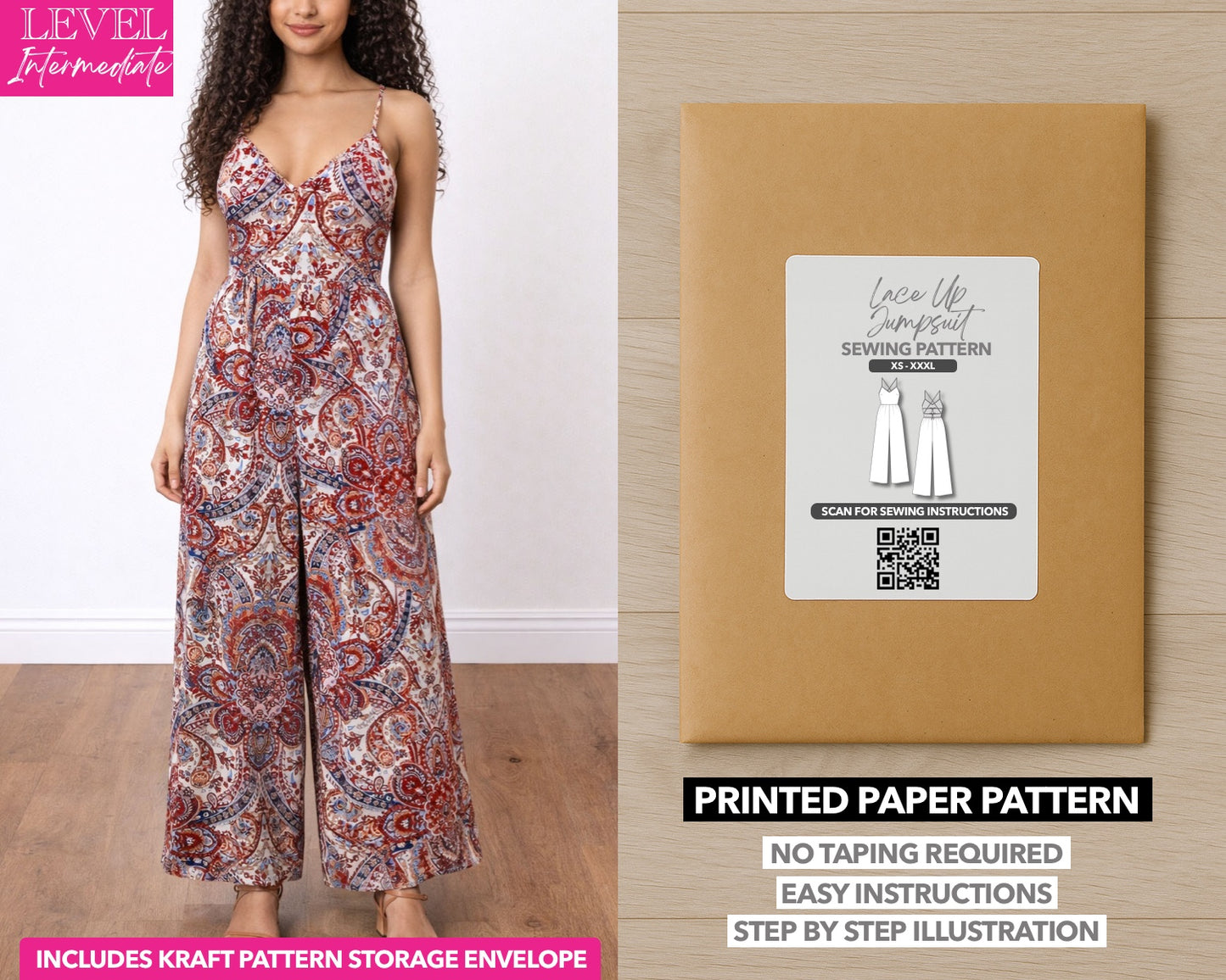 Lace Up Backless Wide Leg Jumpsuit printed sewing pattern with easy instructions and step by step illustrations.