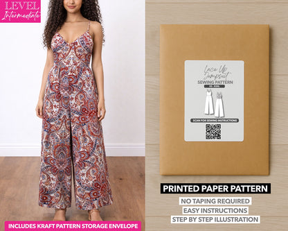 Lace Up Backless Wide Leg Jumpsuit printed sewing pattern with easy instructions and step by step illustrations.