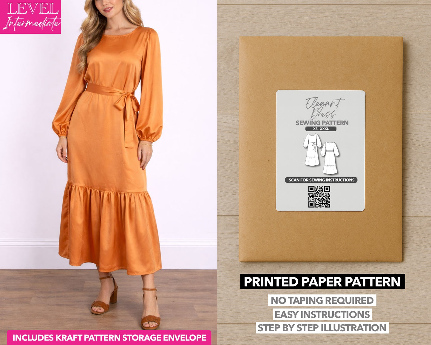 Lantern Sleeve Maxi Dress printed sewing pattern with easy instructions and step by step illustrations.