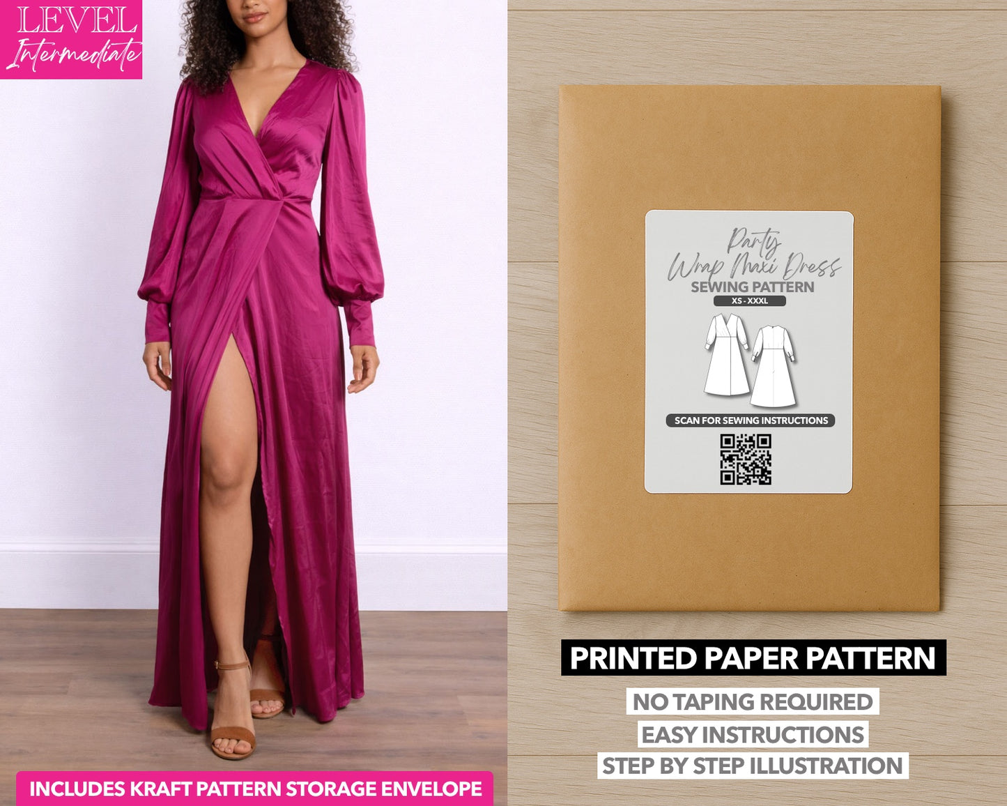 Lantern Sleeve Wrap Maxi Dress printed sewing pattern with easy instructions and step by step illustrations.