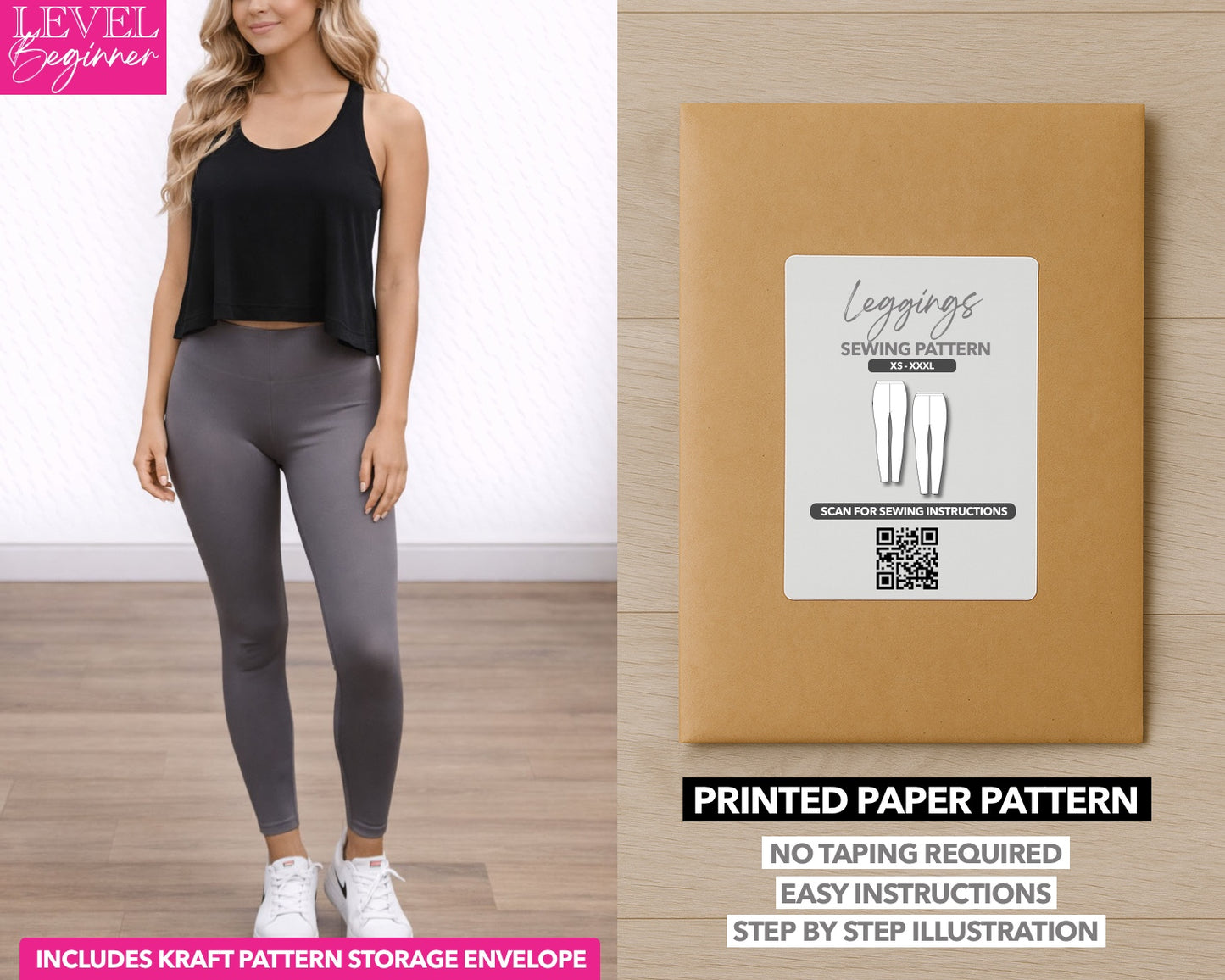 Leggings printed sewing pattern with easy instructions and step by step illustrations.