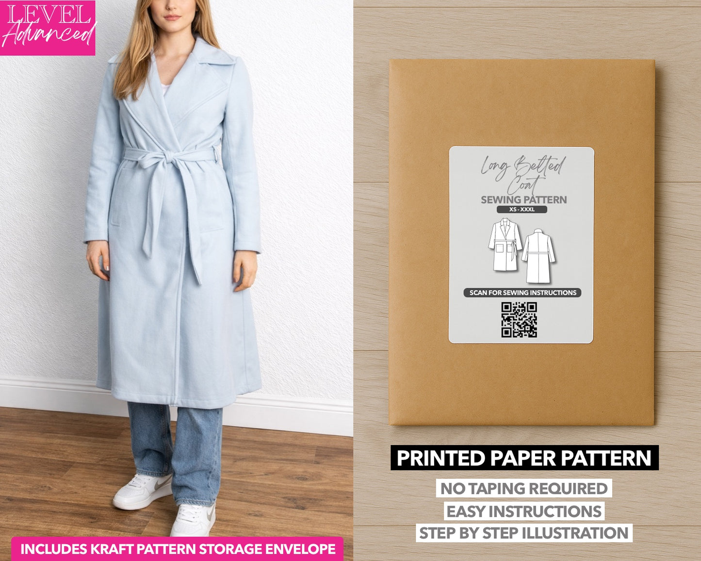 Long Belted Coat printed sewing pattern with easy instructions and step by step illustrations.