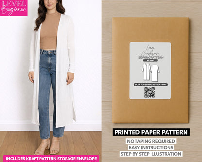 Long Cardigan printed sewing pattern with easy instructions and step by step illustrations.