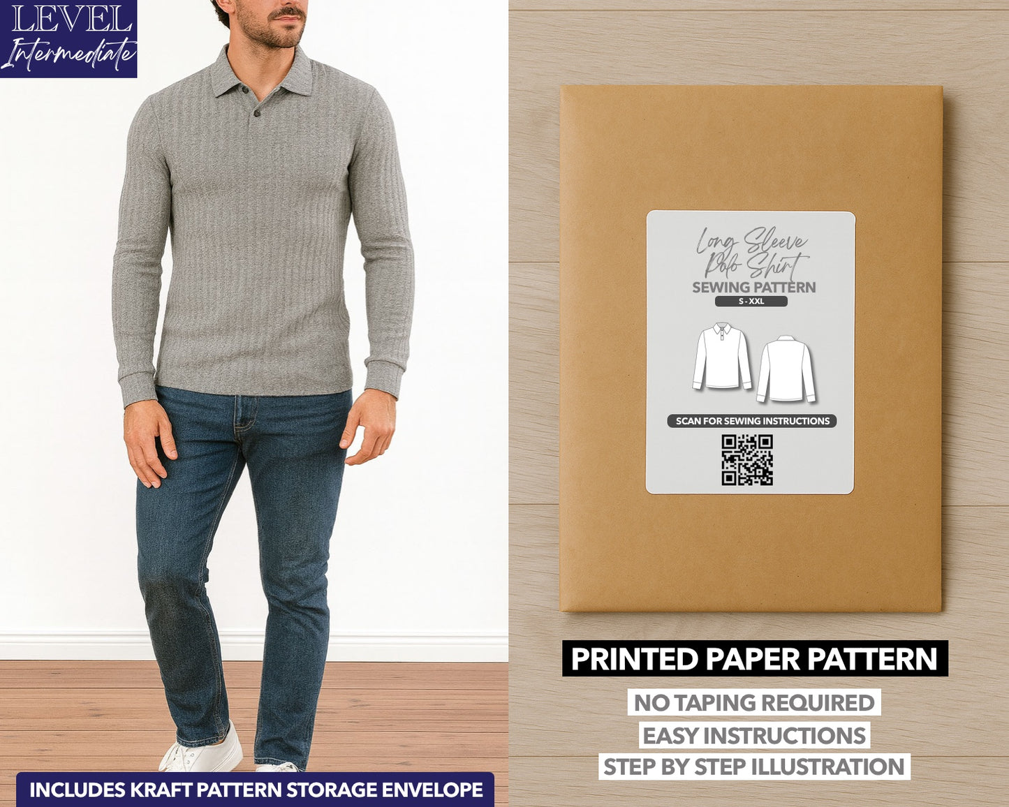 Long Sleeve Polo Shirt printed sewing pattern with easy instructions and step by step illustrations.
