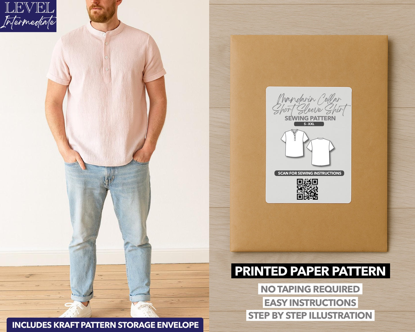 Mandarin Collar Short Sleeve Shirt printed sewing pattern with easy instructions and step by step illustrations.