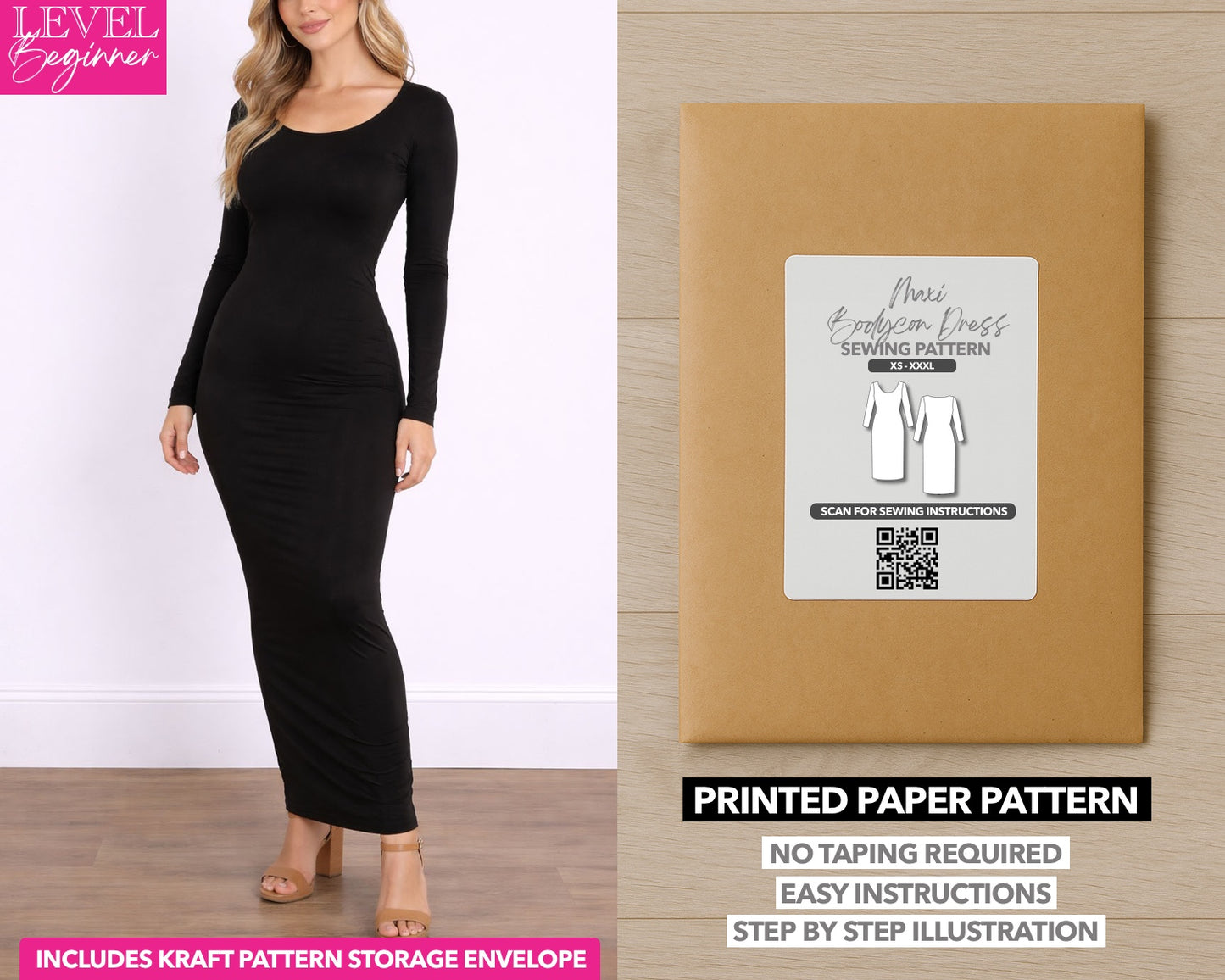 Maxi Bodycon Dress printed sewing pattern with easy instructions and step by step illustrations.