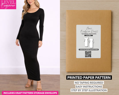Maxi Bodycon Dress printed sewing pattern with easy instructions and step by step illustrations.